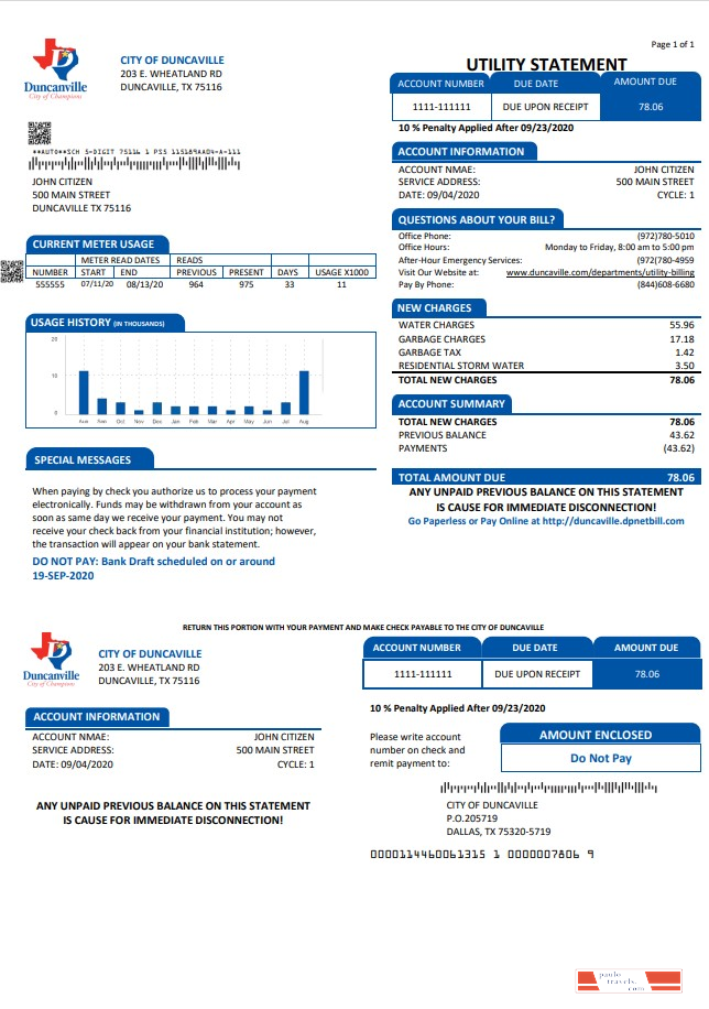 USA Texas City of Duncanville water, sewer, garbage utility bill template in Word and PDF format